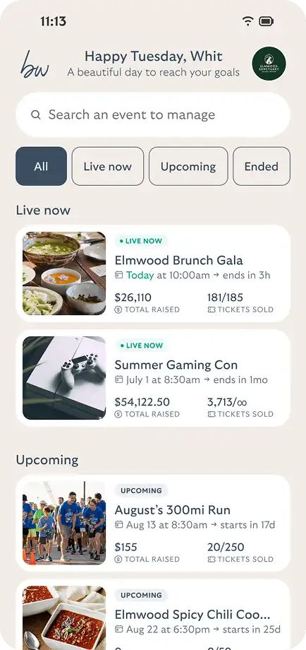 BetterWorld Event App dashboard on a phone