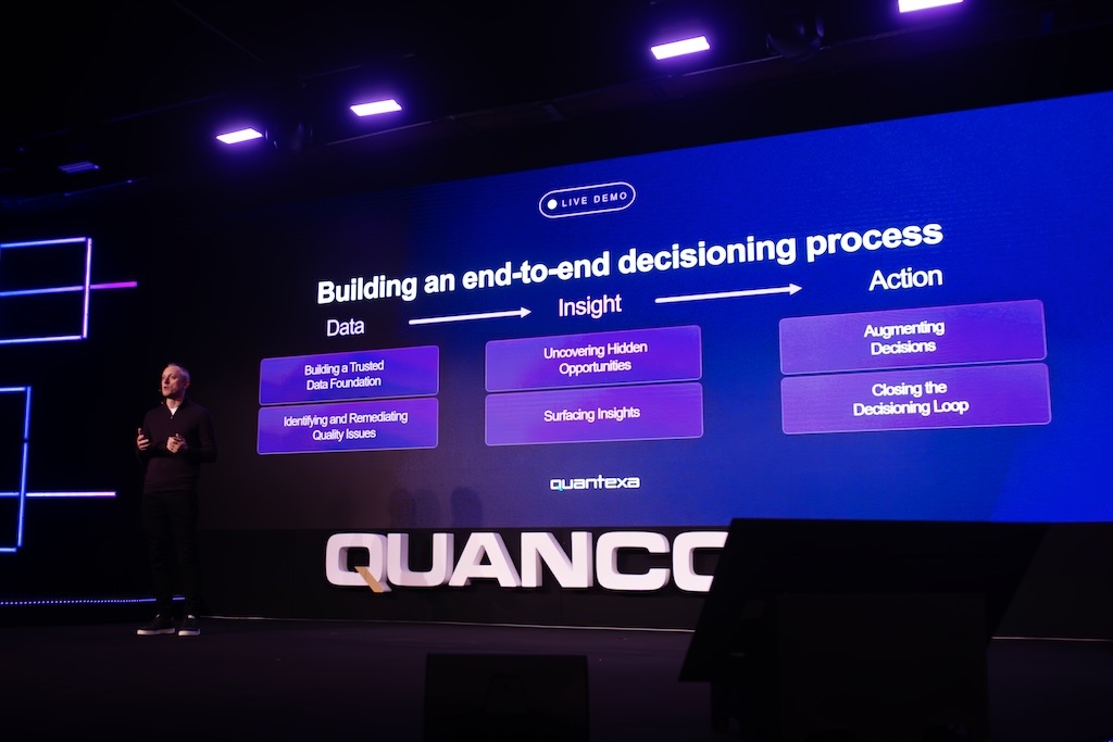 Person presenting a slide titled "Building an end-to-end decisioning process," detailing steps from Data to Insight to Action.