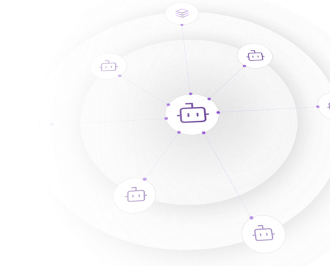 Abstract diagram with a central circle connected to surrounding circles, each containing a briefcase icon, on a white background.