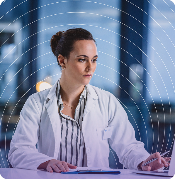 A woman in a white lab coat sits at a desk with a pen and clipboard, focused on her work. Concentric circles radiate from her.