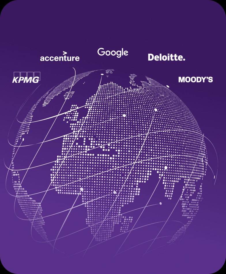 A digital globe with dotted continents and company logos: Accenture, Google, Deloitte, KPMG, and Moody's, on a purple background.