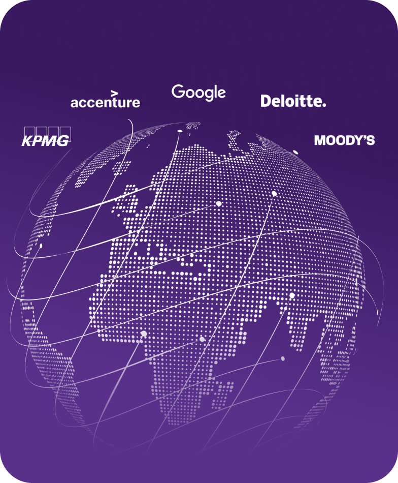 A digital globe with company logos: Accenture, Google, Deloitte, KPMG, and Moody's, on a purple background with connecting lines.