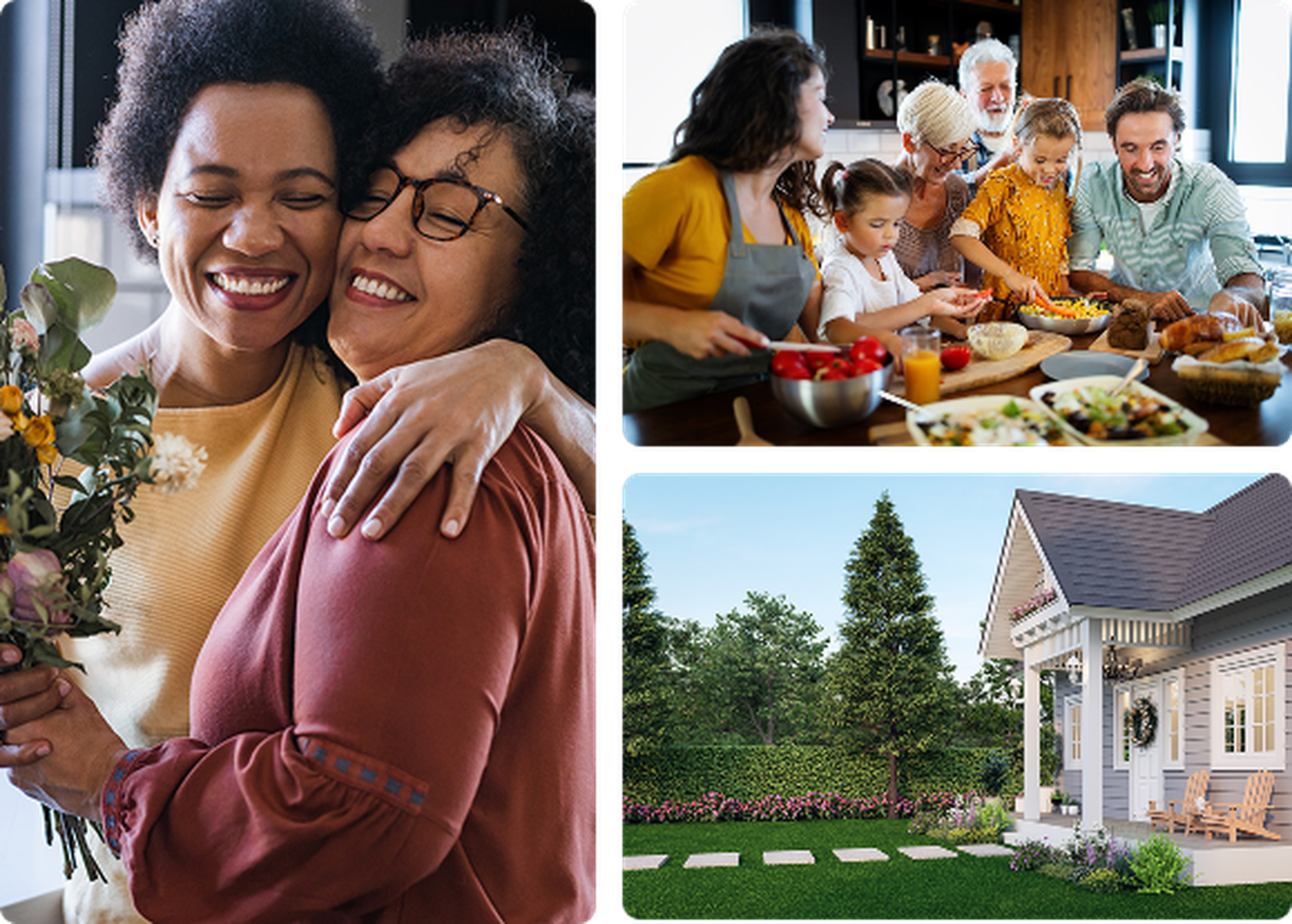 A photo collage of activities related to long term care. The photos include: a mother and daughter hugging, three generations cooking a meal together, and a family home.