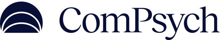 Logo featuring "ComPsych" text with a stylized three-layered arc design on the left.