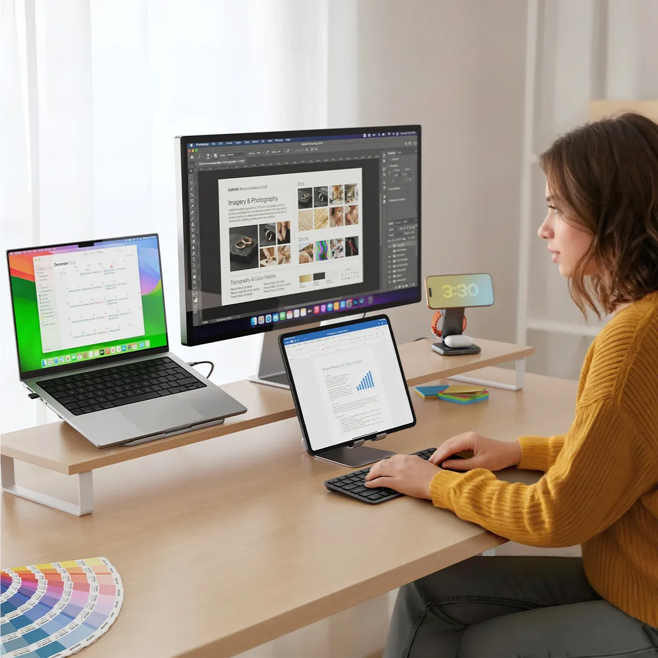 Satechi Slim EX1 Wireless Keyboard connecting to 4 devices, a MacBook, iMac, iPad, and iPhone.