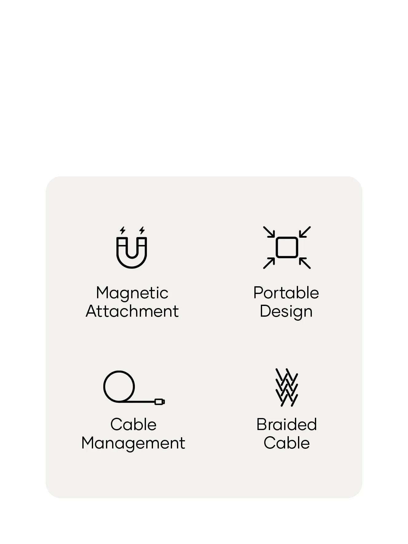 A series of icons showing magnetic attachment, portable design, cable management, and braided cable.