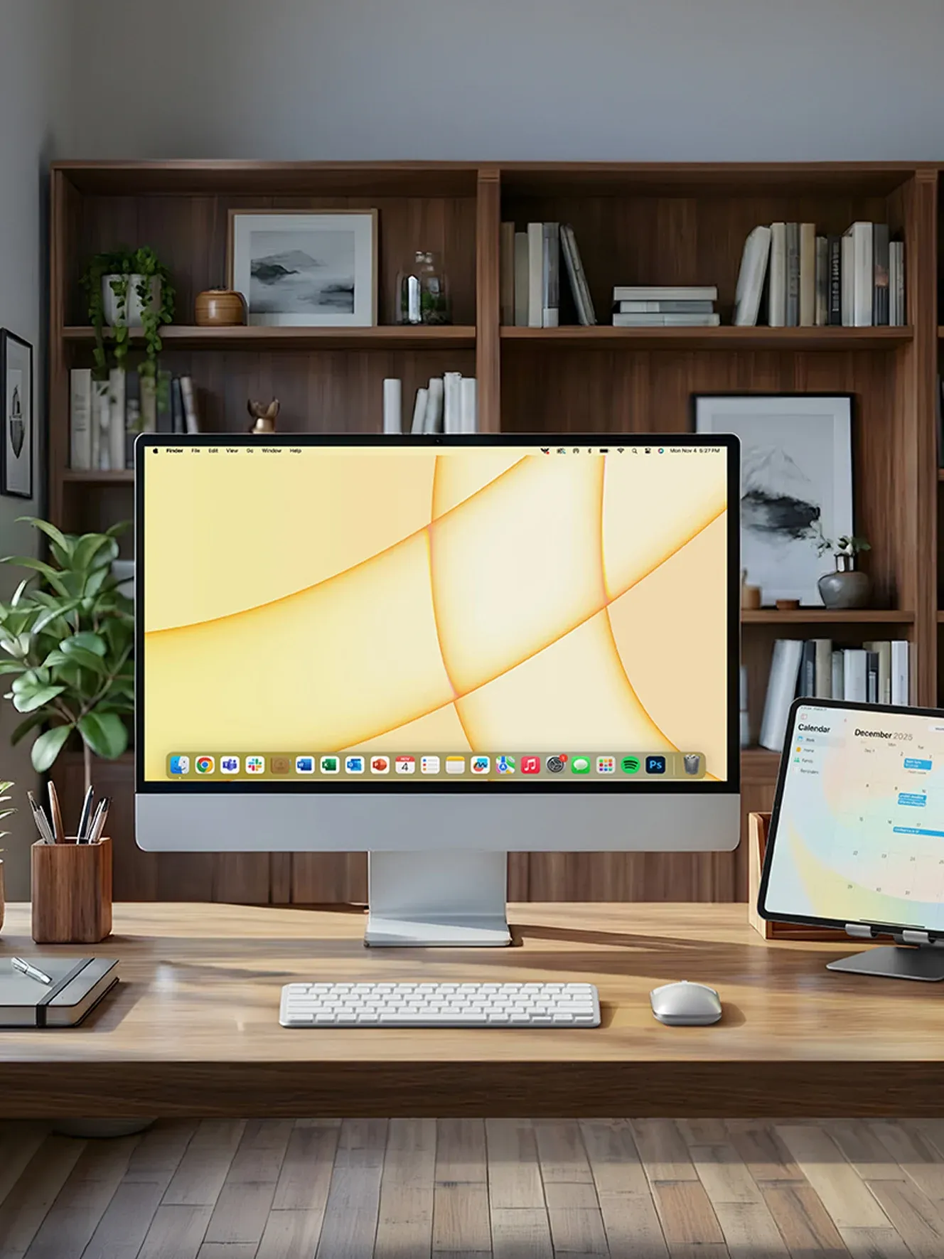 A modern desk setup, featuring Slim EX1 Wireless Keyboard and Slim EX Wireless Mouse, connected to iMac and iPad.
