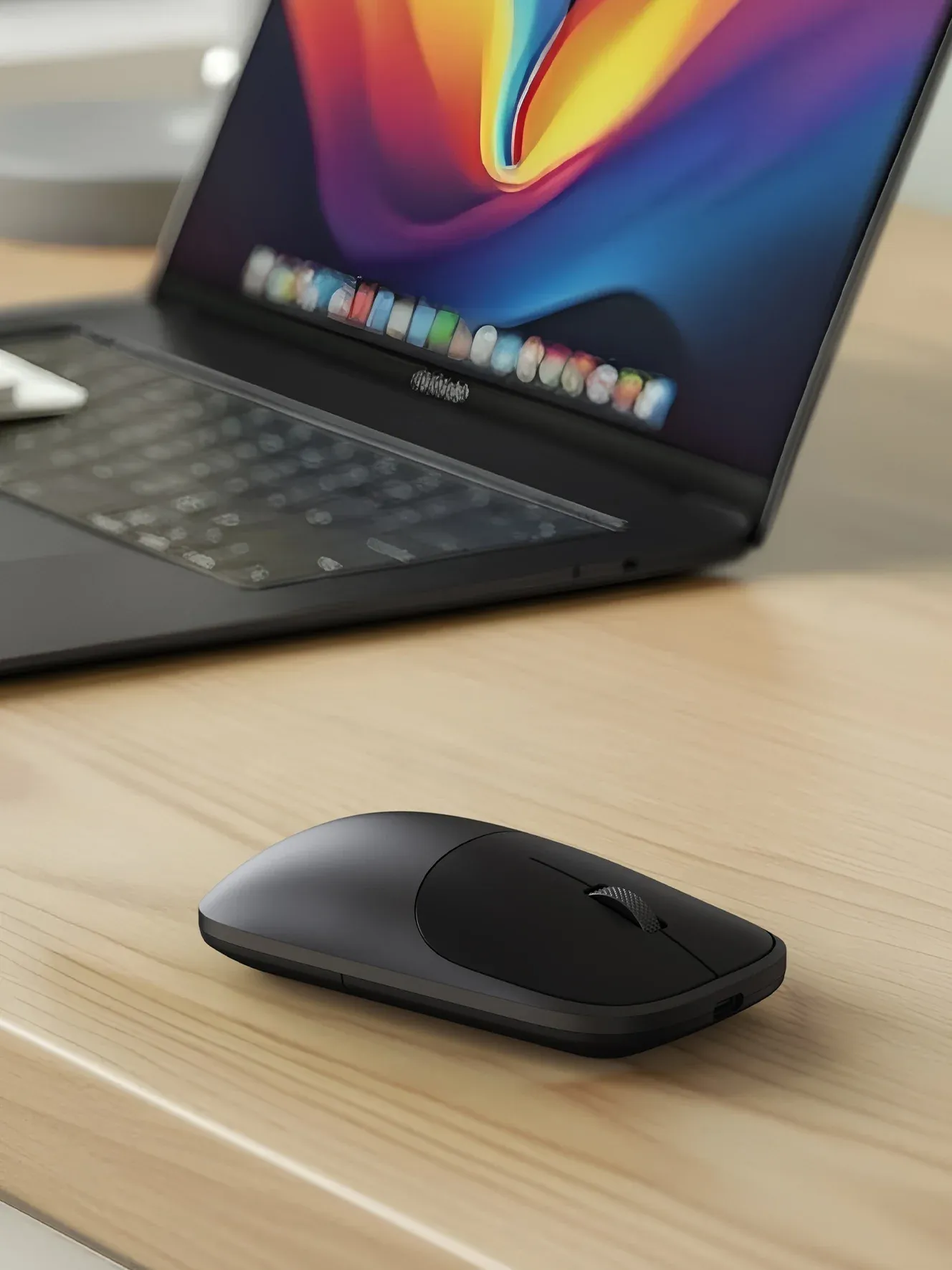 A closeup of a Slim EX Wireless Mouse on a desk alongside a Macbook.