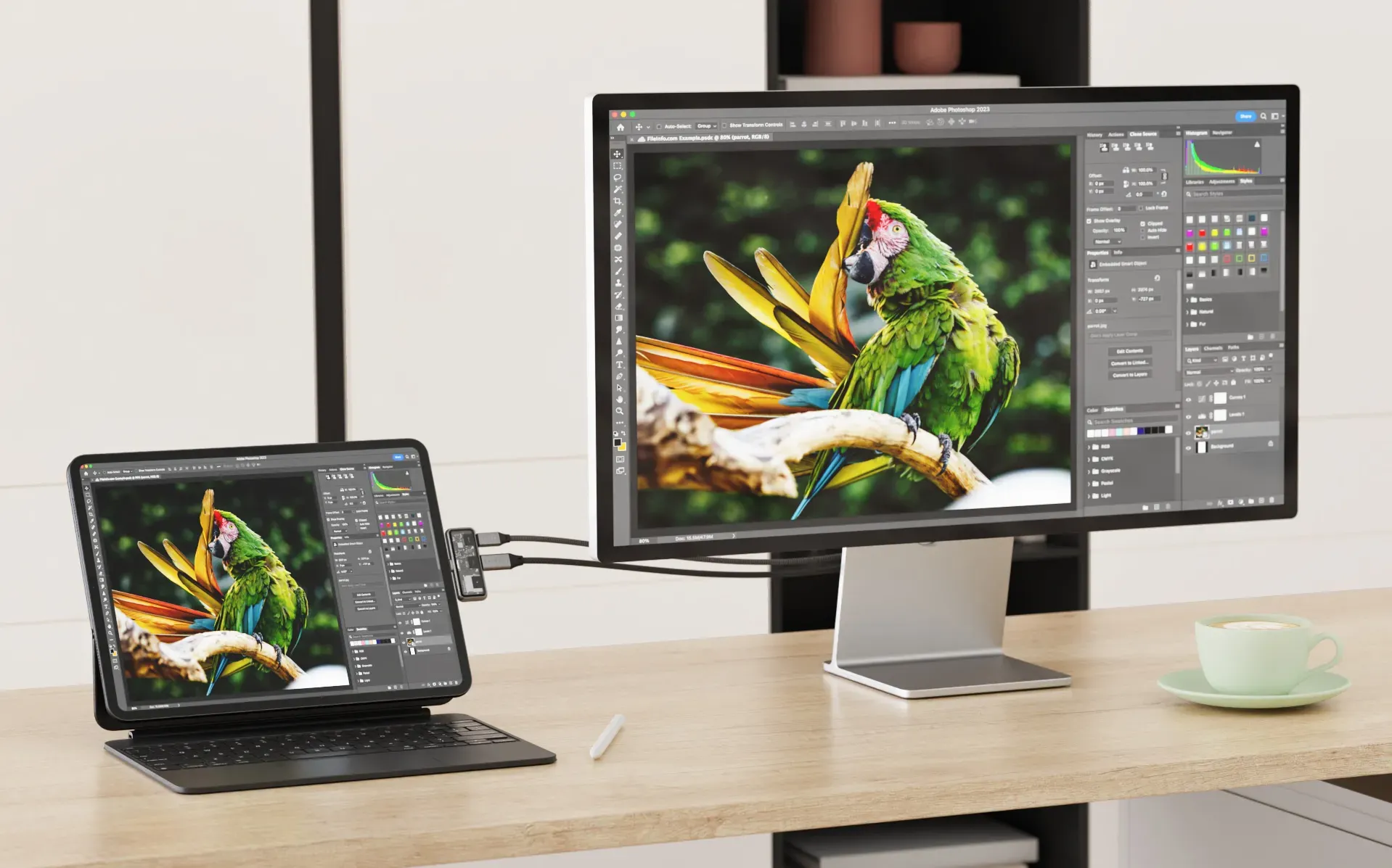 A Satechi Mobile XR Hub with microSD connected to a iPad, while displaying on an external monitor.