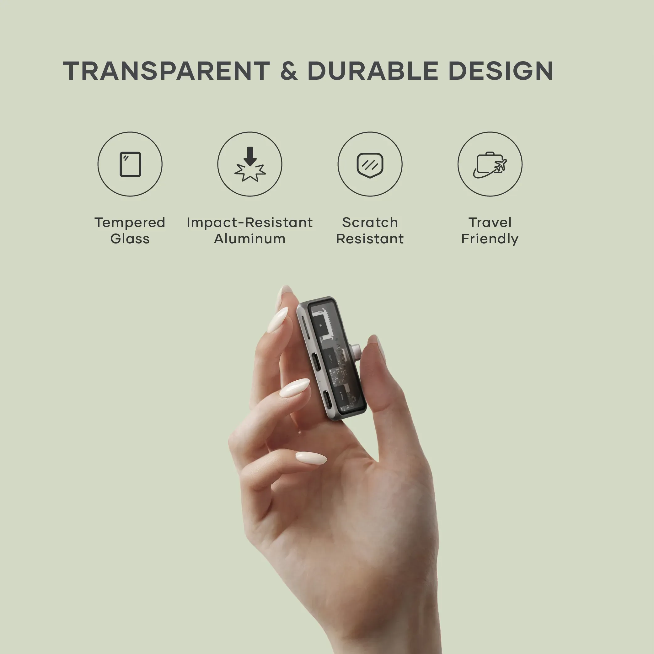 A hand holding a Satechi Mobile XR Hub with microSD alongside device feature icons.