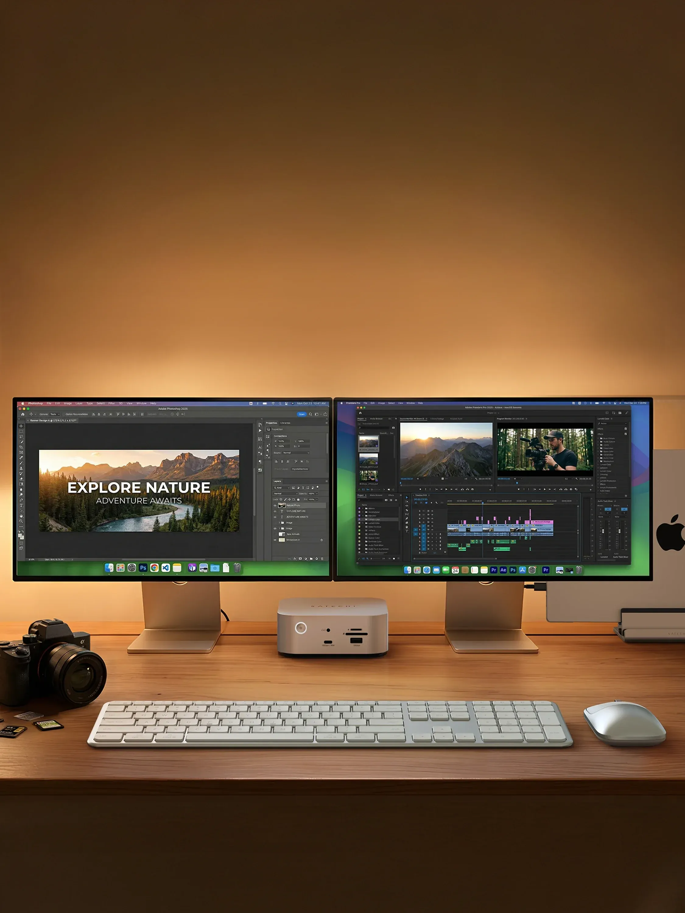 A modern workspace featuring two large monitors on a wooden desk, the Satechi Thunderbolt 5 CubeDock™ with SSD Enclosure, Thunderbolt 5 Pro Cable, keyboard, and mouse.