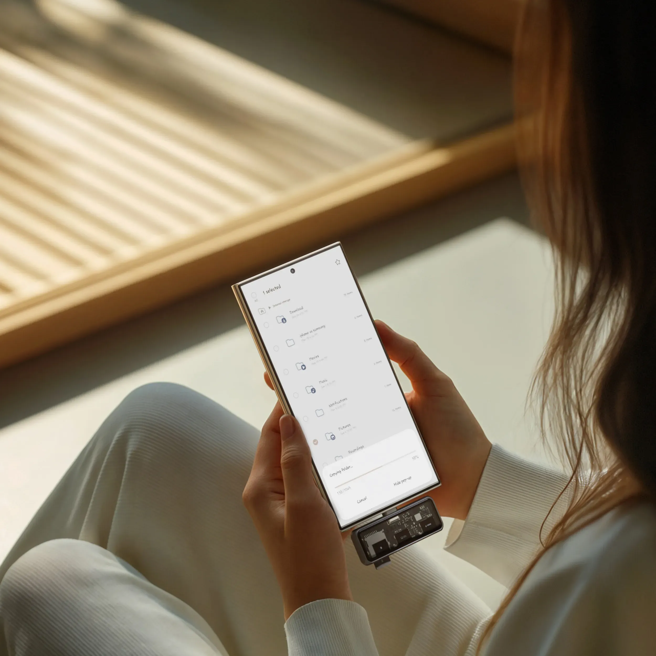 A person with long brown hair holding a smartphone connected to Satechi Mobile XR Hub with microSD.