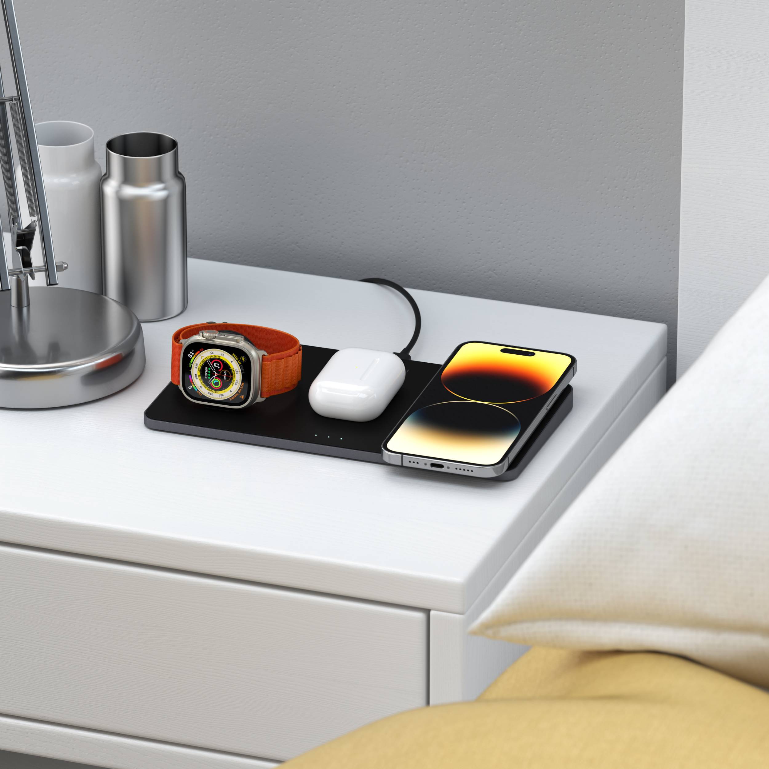 satechi trio wireless 3-in-1 wireless charger sitting bedside charging 3 mobile devices