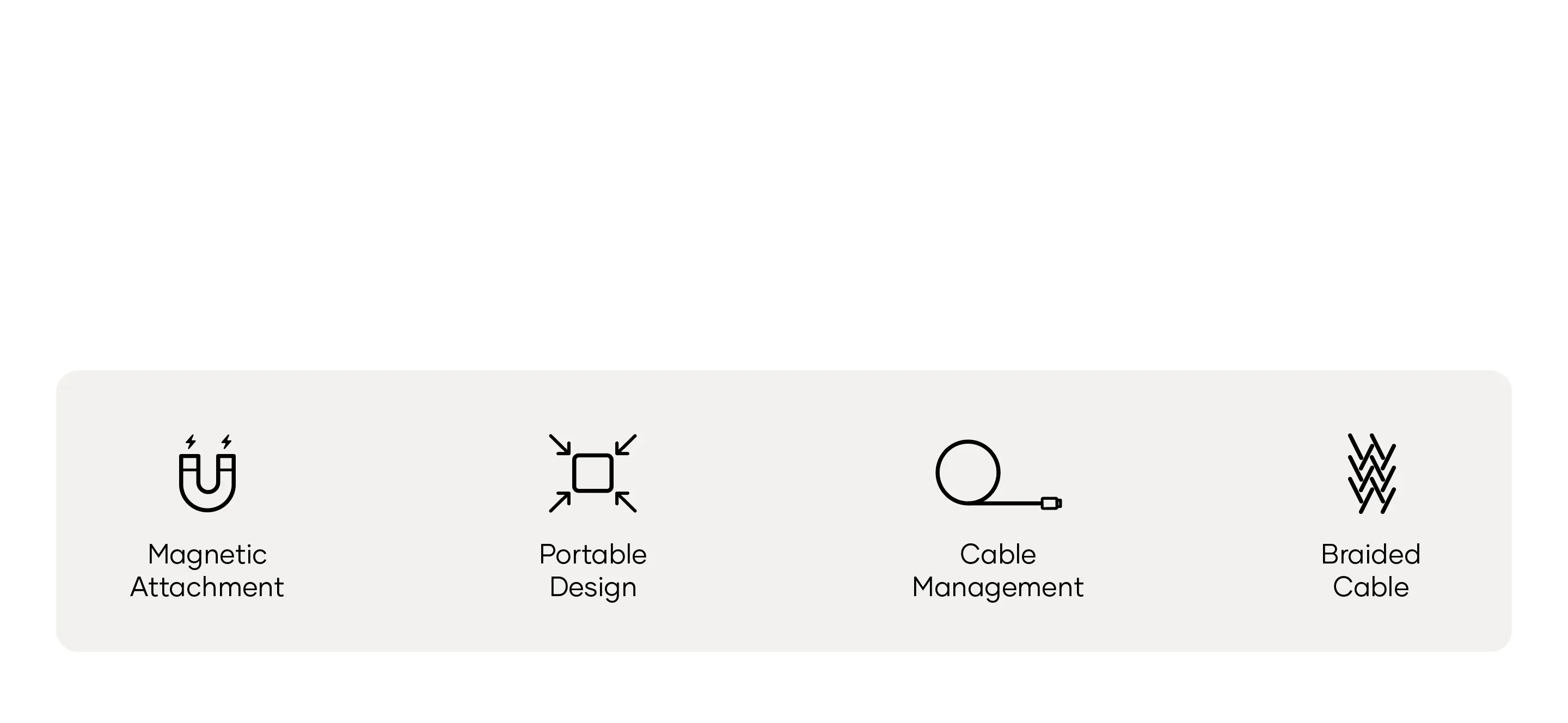 A series of icons showing magnetic attachment, portable design, cable management, and braided cable.