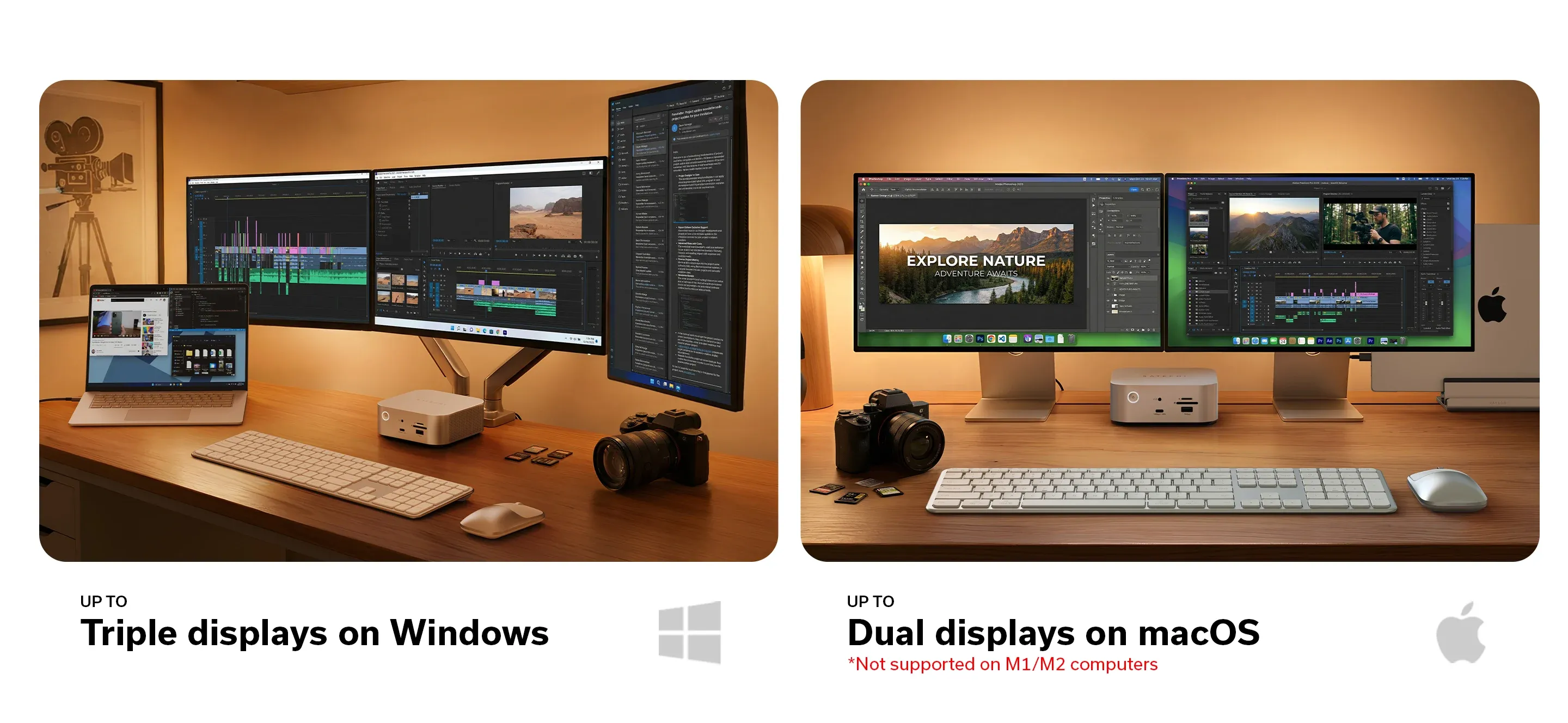 Up to triple displays on WIndows, and up to dual displays on macOS (not supported on M1/M2 computers). The Thunderbolt 5 CubeDock™ with SSD Enclosure on two different desk setups, one using WIndows, and the other using macOS.