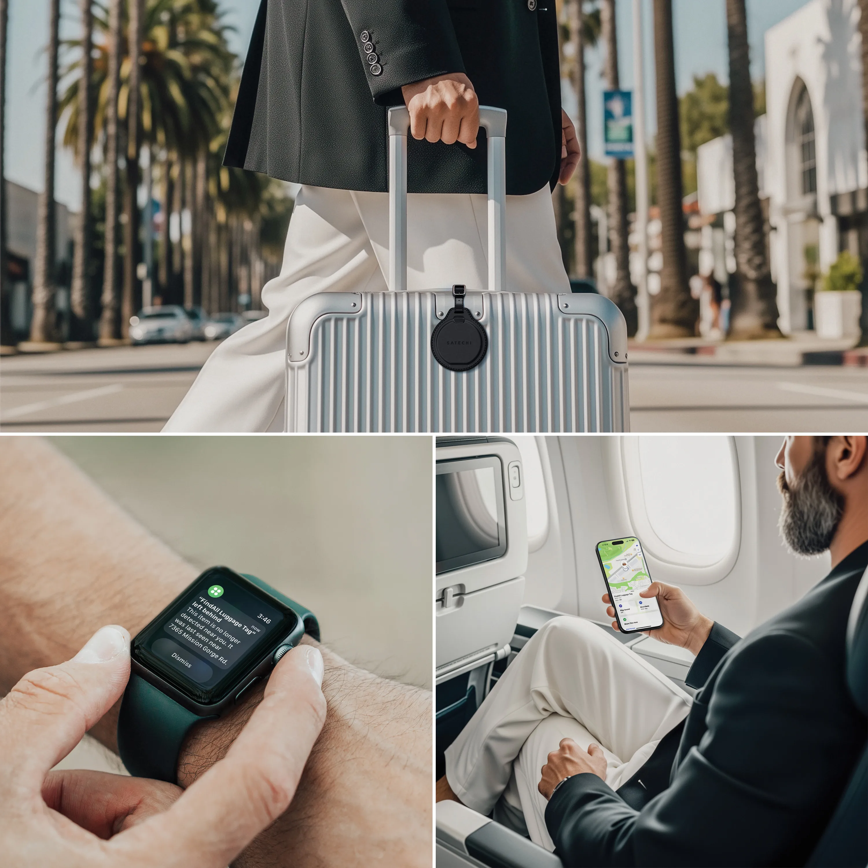 A Vegan-Leather FindAll™ Luggage Tag on suitcase, and being tracked on Apple Watch and iPhone.