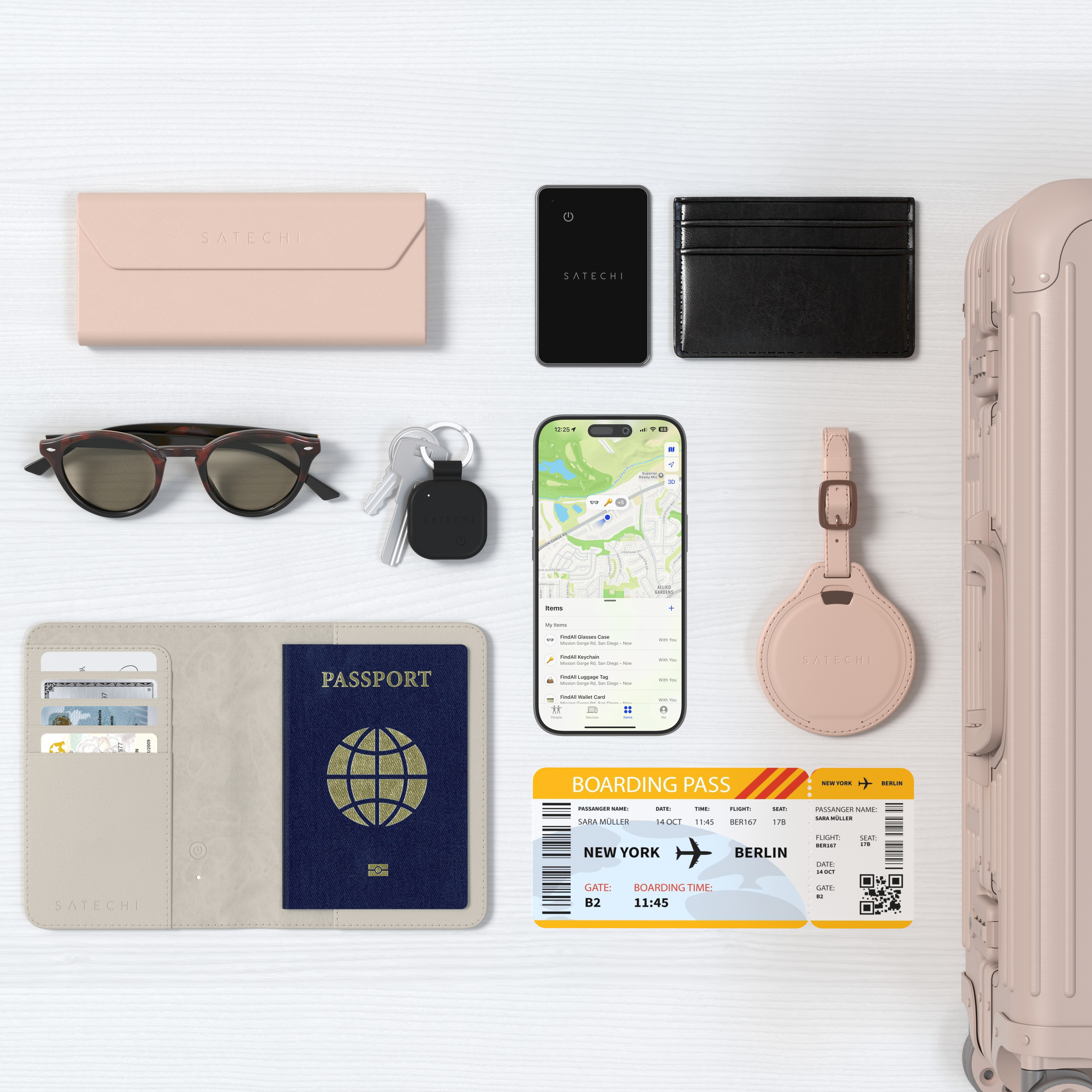 A table full of Satechi FindAll™ products, such as Vegan-Leather FindAll™ Glasses Case, Vegan-Leather FindAll™ Luggage Tag, Vegan-Leather FindAll™ Passport Cover, Vegan-Leather FindAll™ Keychain,  and FindAll™ Card.