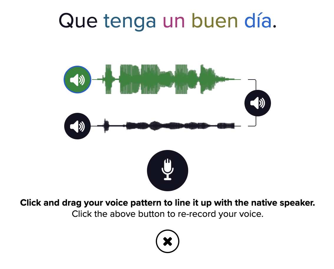 A screenshot of the voice compare feature. We can see the target sentence "Que tenga un buen dia," a green waveform for the target pronunciation, and a black waveform for the user's pronunciation. At the bottom there is a microphone button you can use to record your voice and some instructions that read "Click and drag your voice pattern to line it up with the native speaker. Click the above button to re-record your voice."