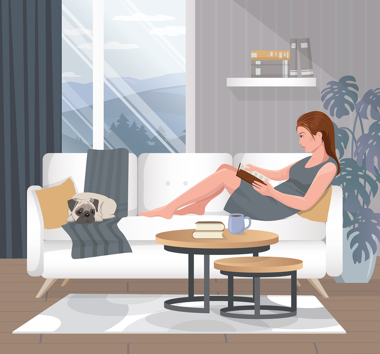 A woman is reading a book on a sofa, with a dog at her feet. There is a houseplant behind her. There are books and a coffee mug on the table beside her.