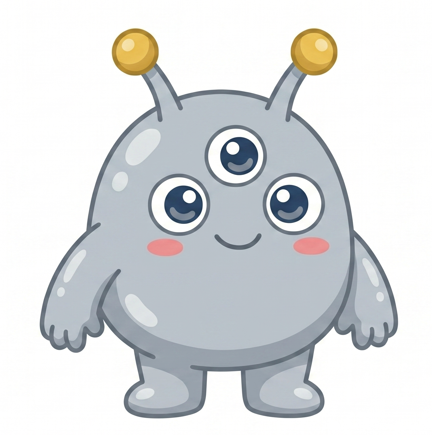 A cute gray alien with two legs, two arms, three eyes, and stalks on its head.
