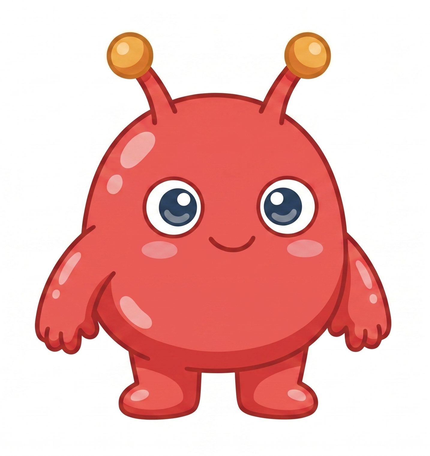 A cute red alien with two arms, two legs, two eyes, and stalks on its head.