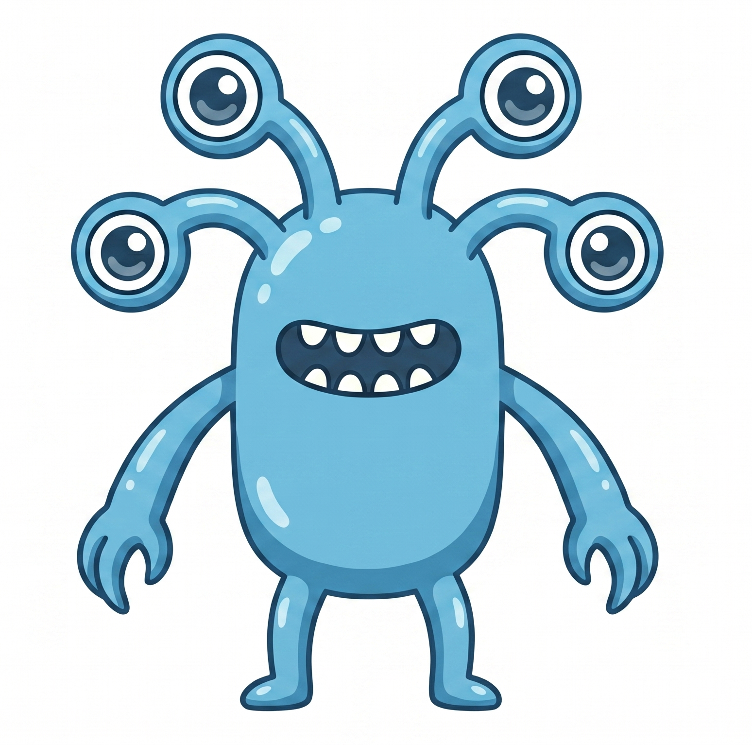 A cute, blue alien with four eyes on stalks, two arms, and two legs.