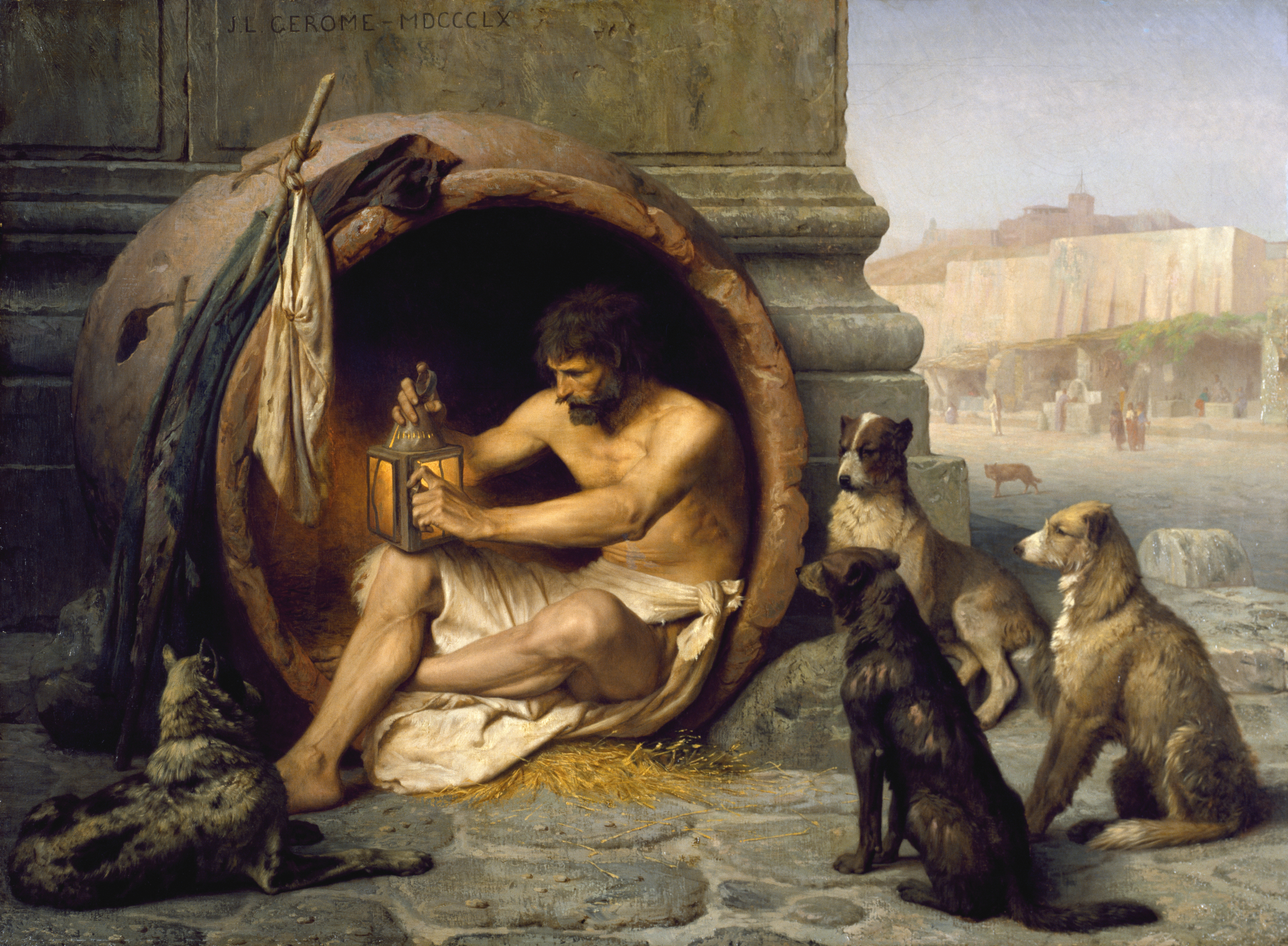 A painting of Diogenes holding a lantern. He's appears to be sheltering inside a large clay structure in an alleyway behind an Ancient Greek building and is surrounded by four stray dogs.