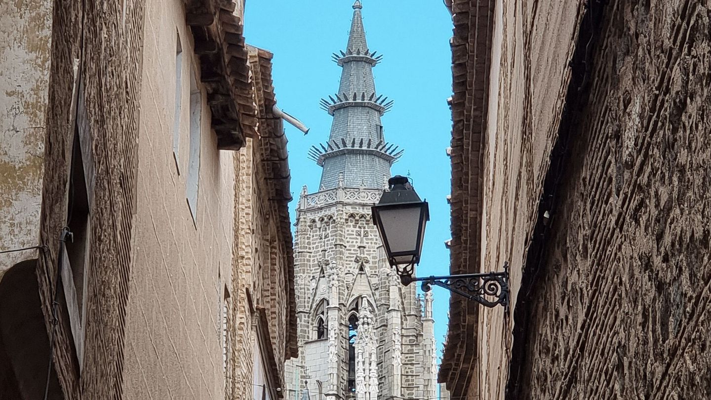 Street view of a Gothic tower in Spain