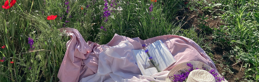 A field with wild poppies and lavender and a picnic blanket