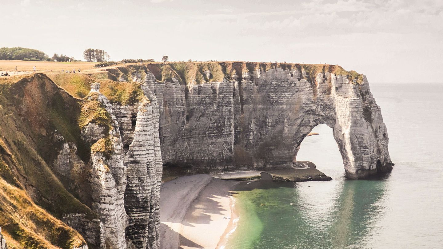 Aerial view of the white cliffs in Etretat, Normandy