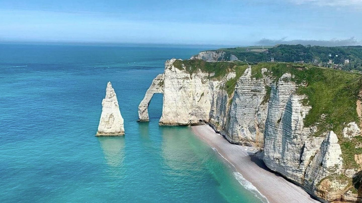 Aerial view of the white cliffs in Etretat, Normandy France