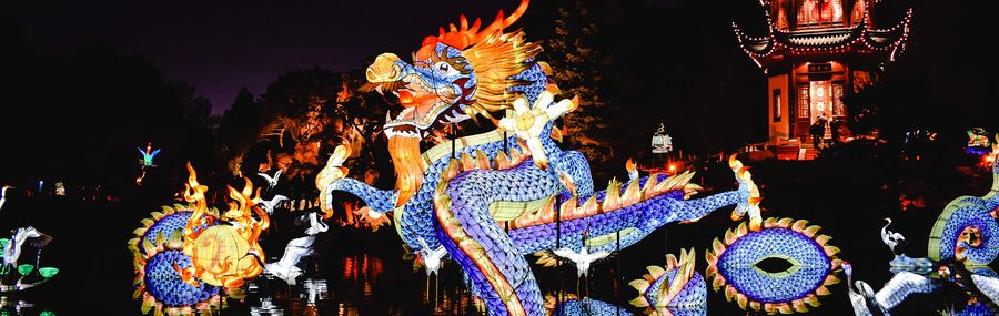 A blue glowing dragon at night over a reflective lake