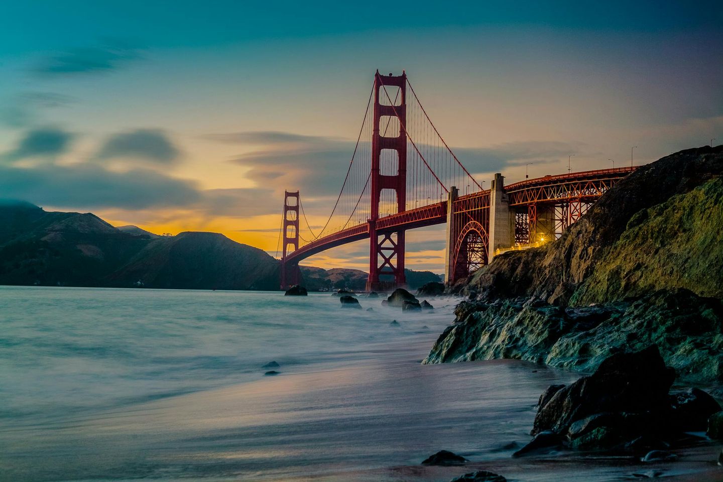 A view of the Golden Gate Bridge as seen from the water in San Francisco, California