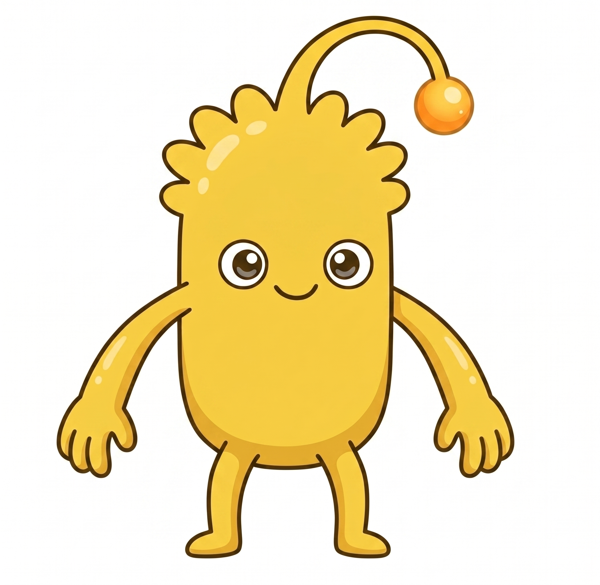A yellow alien with two eyes, two legs, two arms, a bumpy head, and a stalk from the middle of its head.