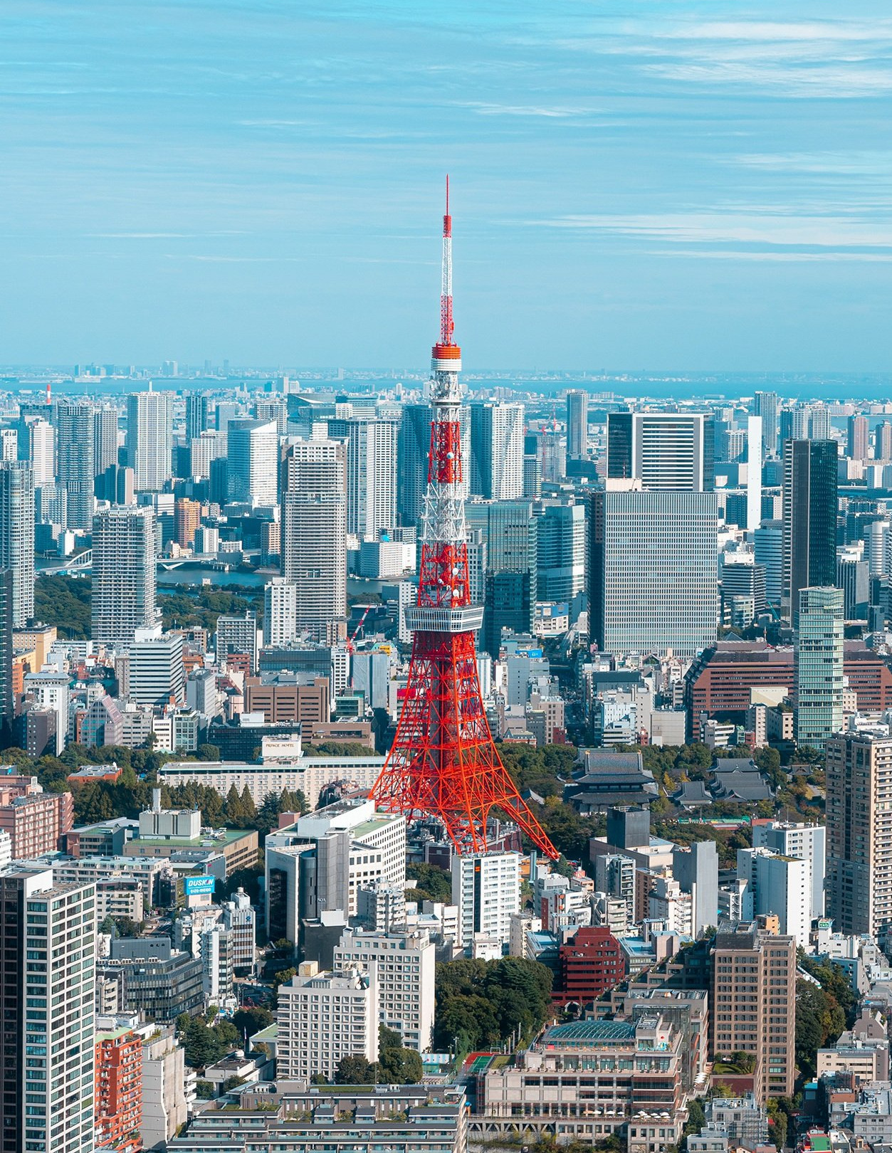 Aerial view of Tokyo skyline featuring Tokyo Tower on the left, with its distinctive red and white pattern.
