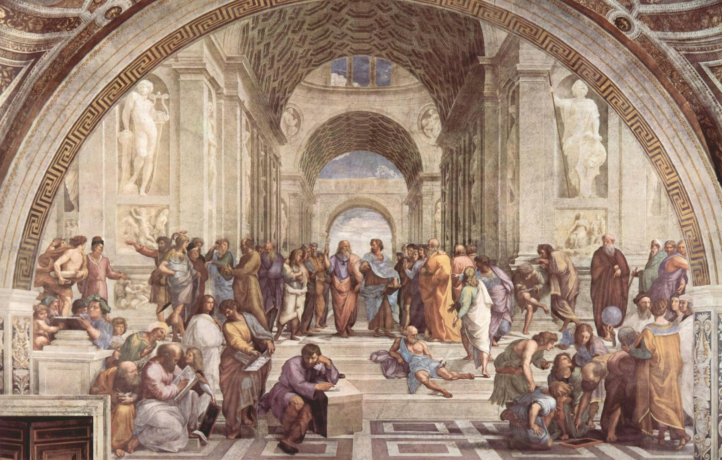 Fresco of the School of Athens by Raphael. The painting depicts a classical building with columns and arches, and mean draped in Greco-Roman garments, walking around, doing math, discussing