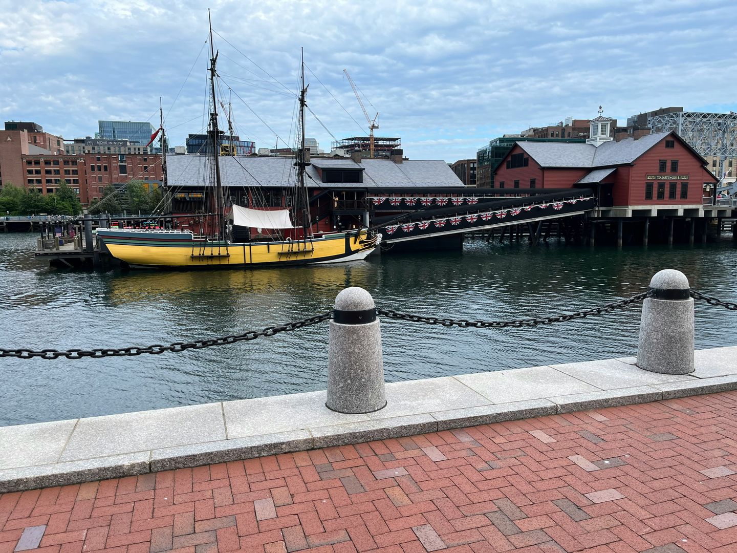 The Boston tea party (the historical sail ship part of the beginning of the American revolution) docked at the Boston harbor