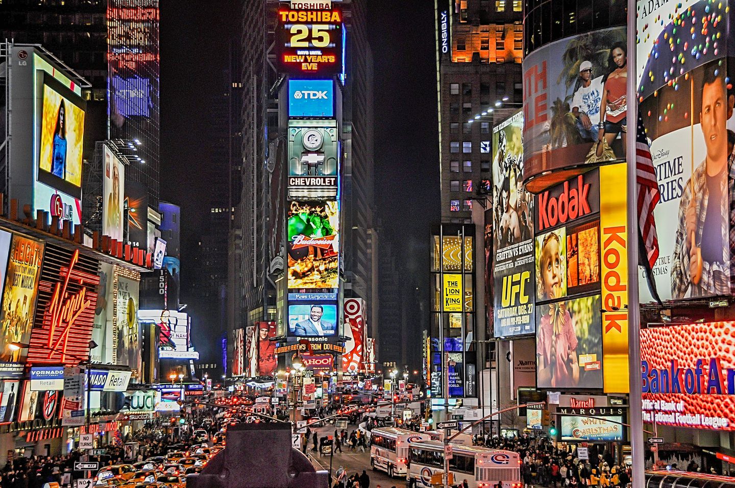 LED screens and with all sorts of commercials for product brands, tv shows, films, and more in Times Square New York City