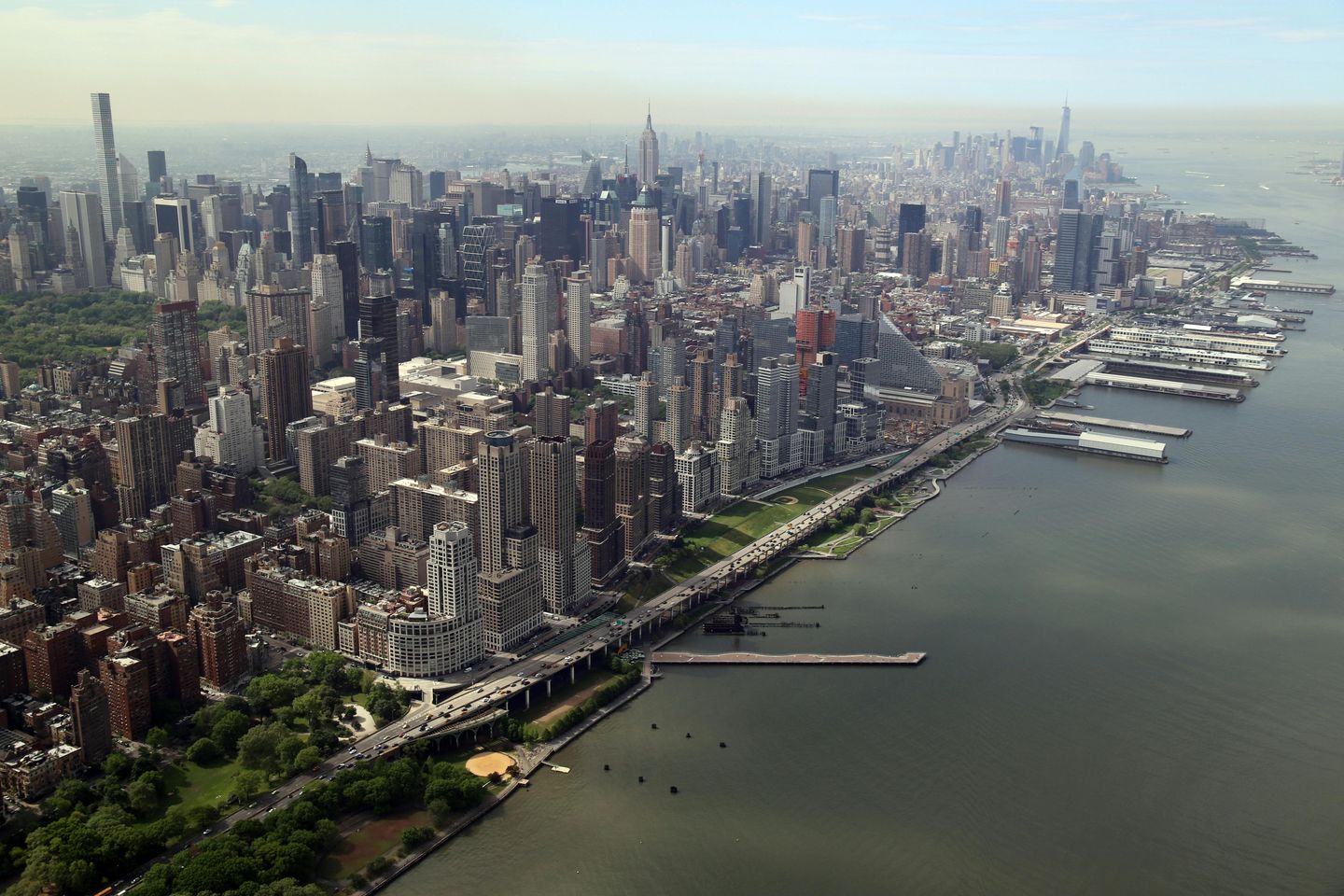 The skyline of the island of Manhattan in New York City facing the water