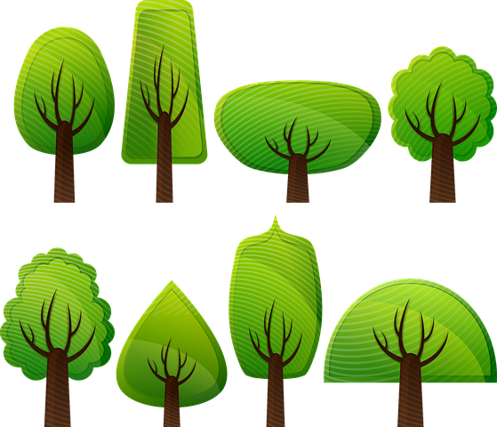 Eight cartoon trees with different shapes.