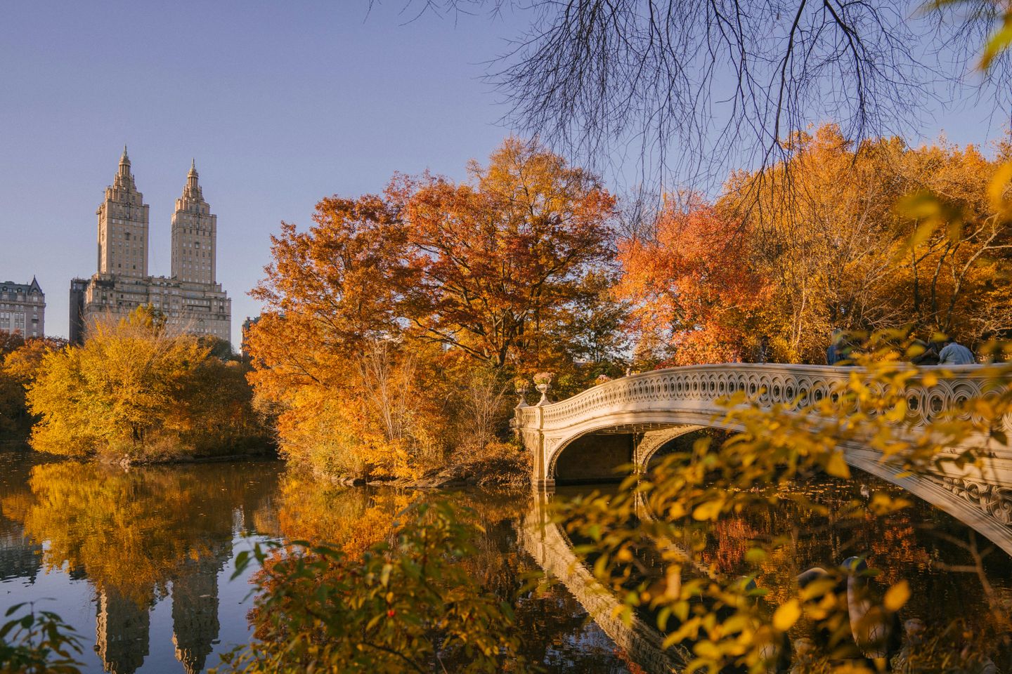 The San Remo building and the stone bridge in Central Park, New York City