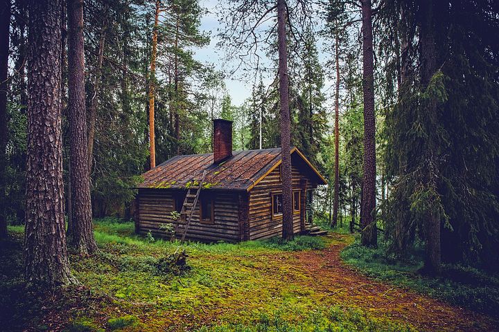 A log cabin in the woods.