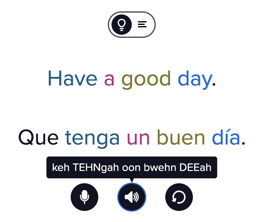 An image of a card from the Mango lesson. At the bottom of the card are three icons. The middle one, a speaker, is selected.