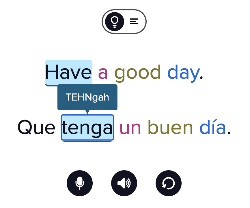 A screenshot of a card from a Mango lesson. One of the Spanish words is selected and highlighted.