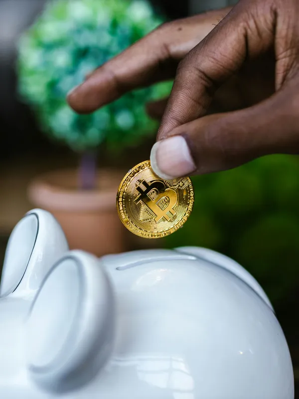 person putting a coin into a piggy bank