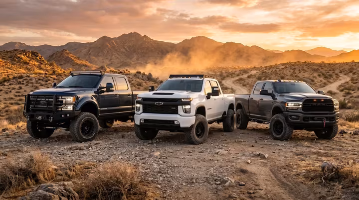 3 diesel trucks in the desert