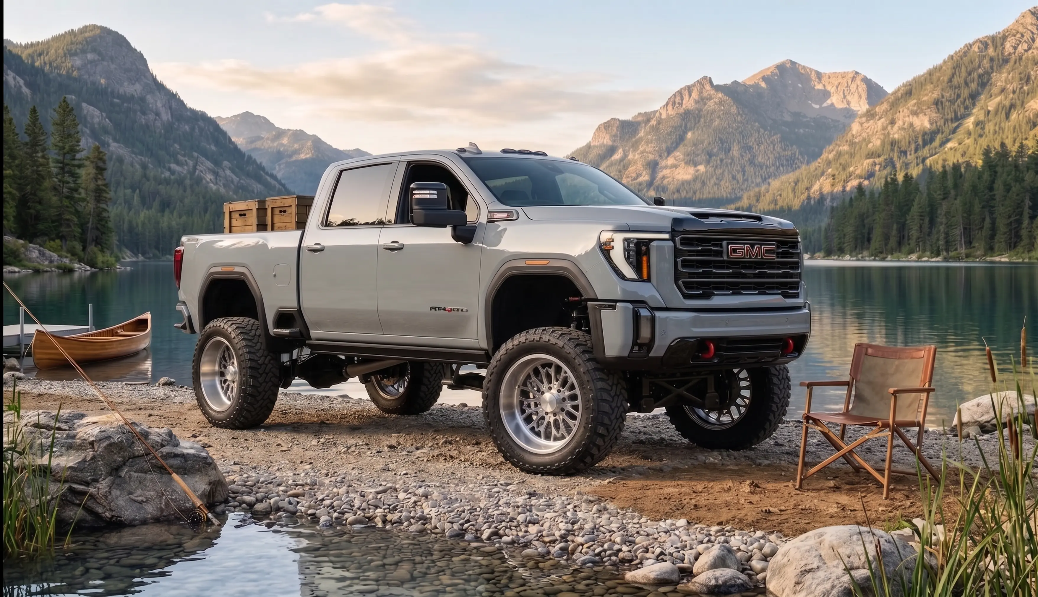 GMC 2500 parked by a lake