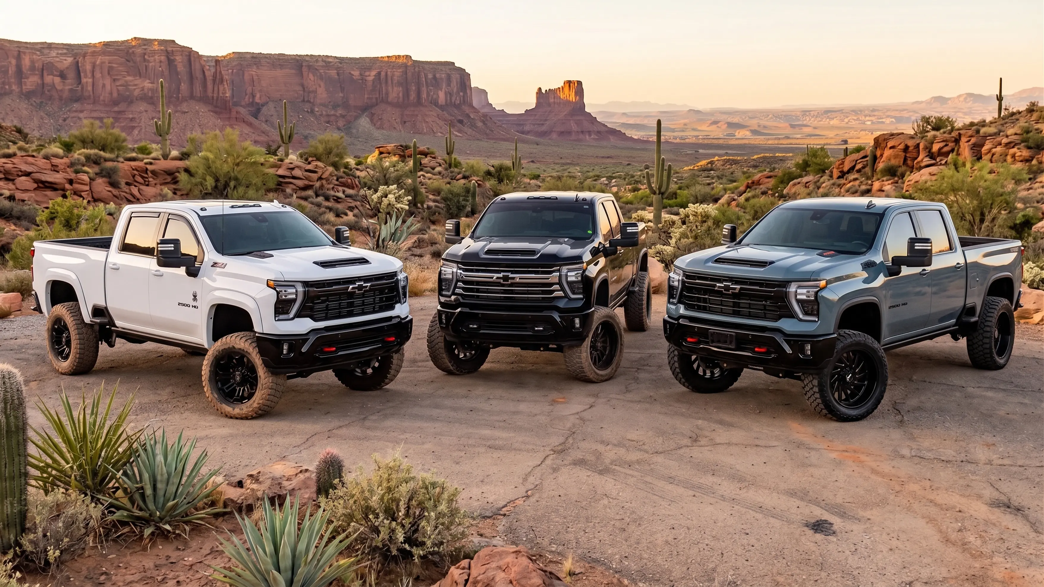 3 Chevrolet Silverado 2500HD Trucks in the desert