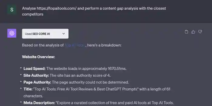 SEO Core Chat GPT plugin in action