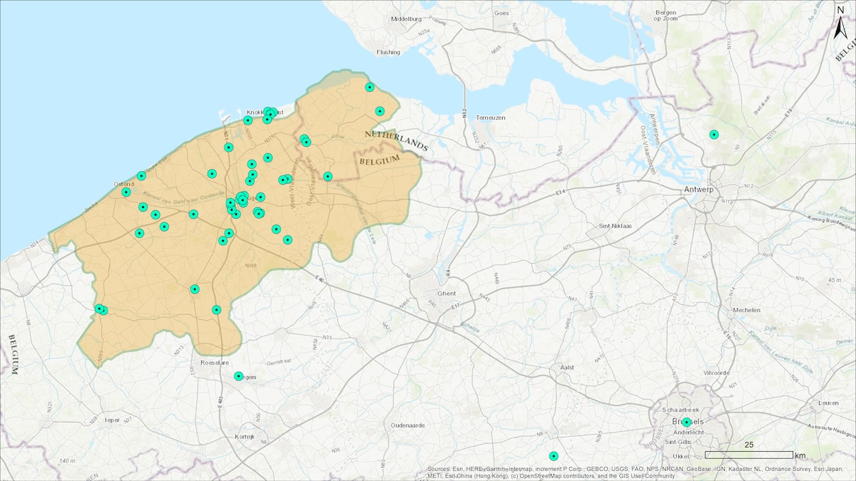 A historical map with points, showing where participants for the Mapathon 1571 event traveled from